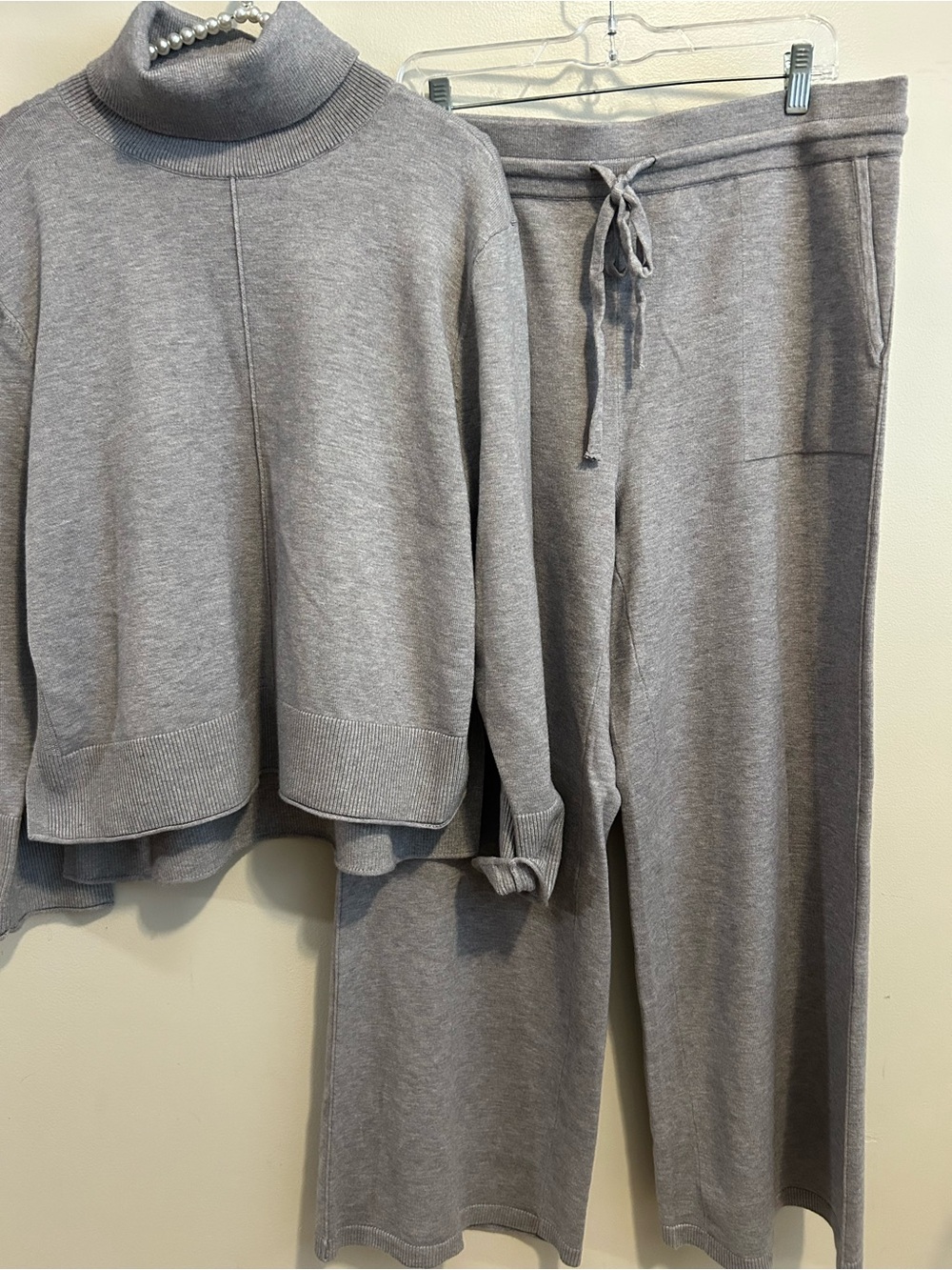 Vince Camuto Womens Gray Knit Lounge Set Turtleneck Sweater Wide Leg Pants L